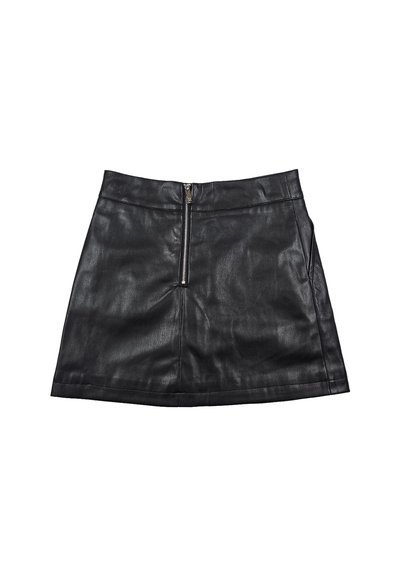 Gonna nera in pelle con una texture liscia, caratterizzata da una cerniera frontale e una silhouette aderente. Orlo piatto e senza motivi o dettagli visibili.