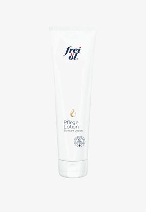 Tube frei öl Pflege Lotion Hautpflegelotion mit weißer Verpackung und blauem und goldenem Text, hergestellt in Deutschland.