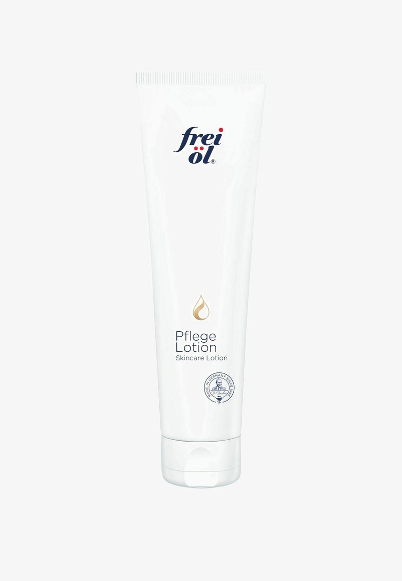 Tube frei öl Pflege Lotion Hautpflegelotion mit weißer Verpackung und blauem und goldenem Text, hergestellt in Deutschland.