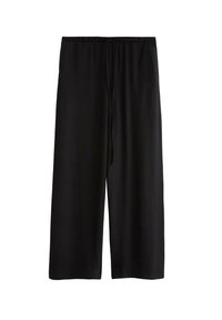 Pantaloni neri larghi a gamba larga con vita elastica e coulisse frontale, esposti su uno sfondo bianco.
