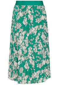 Jupe plissée verte avec imprimé floral blanc et noir, et ceinture unie verte.