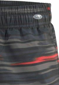 Swim shorts with an elastic waistband, featuring a black fabric with gray and red horizontal stripes and a silver logo detail.
