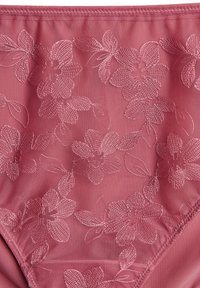 Roze stoffen slip met bloemendecoraties en gedetailleerde bladeren en bloemenpatronen. Glad textuur met een stevige tailleband.