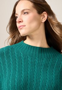 Tropfgrüner Strickpullover mit einem gerippten hohen Kragen und strukturierten Zopfmusterungen. Weiches Material mit einem gemütlichen Finish.
