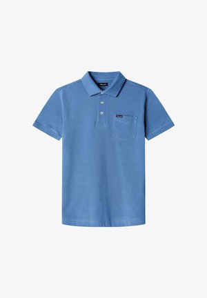 Blue polo shirt made of cotton, featuring a collar, three-button placket, and a left chest pocket with contrast stitching.