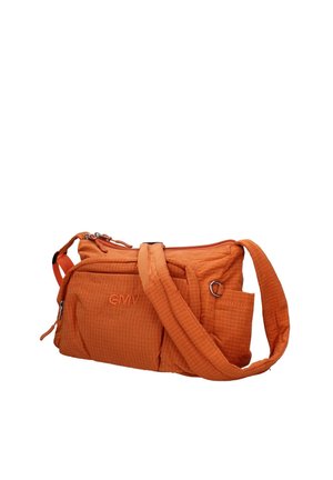 Sac bandoulière orange avec poche avant zippée, sangle ajustable et motif quadrillé subtil.