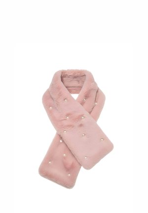Bufanda de piel sintética rosa suave con pequeños adornos de perlas, doblada y mostrada sobre un fondo blanco.