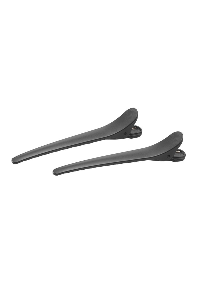 Zwei schwarze Plastikhaarnadeln mit einer glatten Oberfläche, elongated Design und strukturierter Grifffläche auf der Unterseite für einen sicheren Halt.