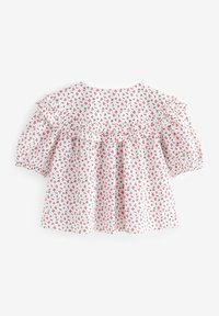 Weißes Blusenshirt mit einem floralen Muster in Rot und Grün, mit kurzen Puffärmeln und einem gewellten Ausschnitt. Leichter Stoff.
