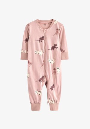 Roze katoenen romper met lange mouwen, ritsluiting, voorzien van een speelse print van verschillende katten in bruin en wit. Zachte textuur en geribde manchetten.