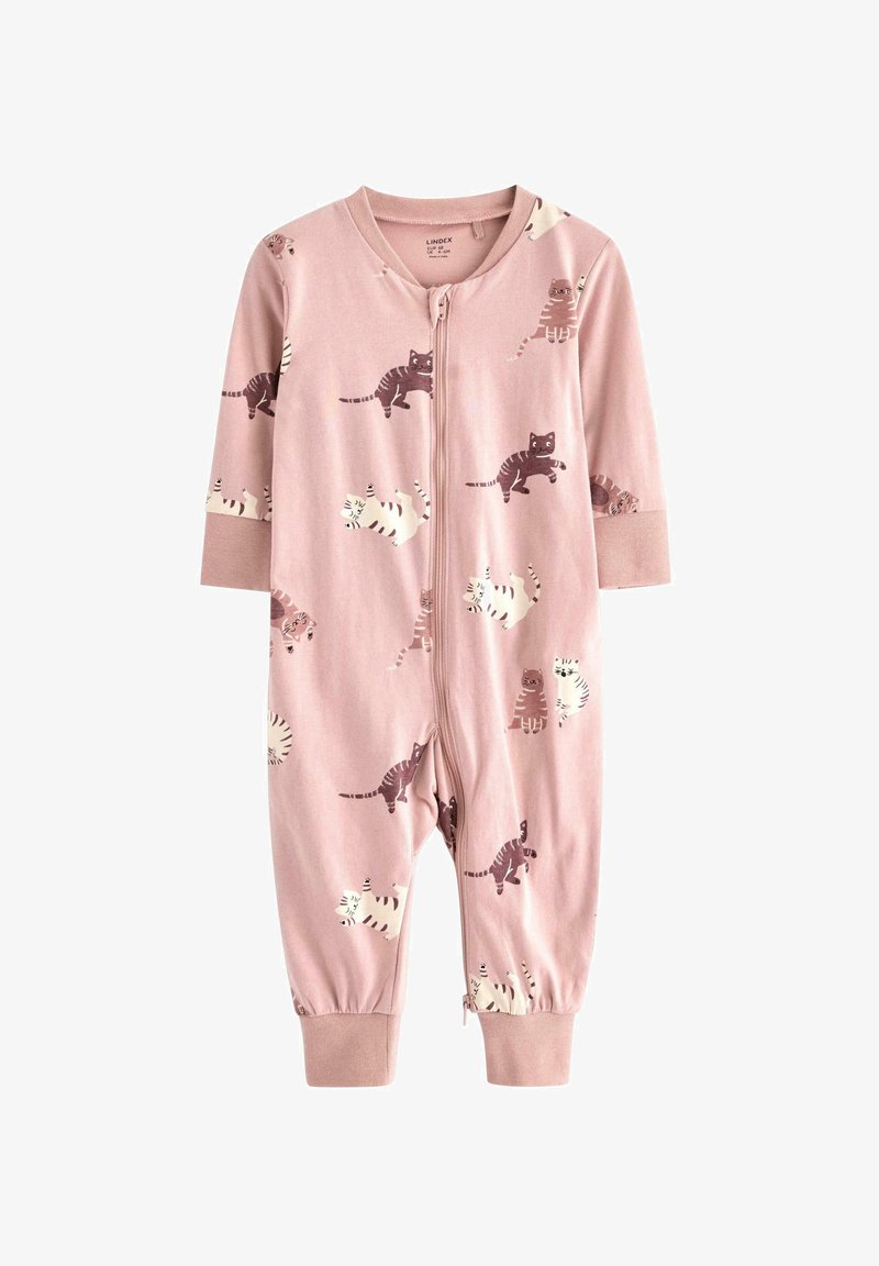 Roze katoenen romper met lange mouwen, ritsluiting, voorzien van een speelse print van verschillende katten in bruin en wit. Zachte textuur en geribde manchetten.