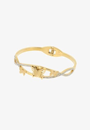 Pulsera de tono dorado con motivos de mariposas y un diseño retorcido. Acentuada con pequeños cristales transparentes a lo largo de la banda para un detalle adicional.