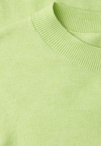 Maglione verde chiaro lavorato a maglia con collo a coste rotondo. Il tessuto appare morbido con una texture liscia e una sottile variazione di colore.
