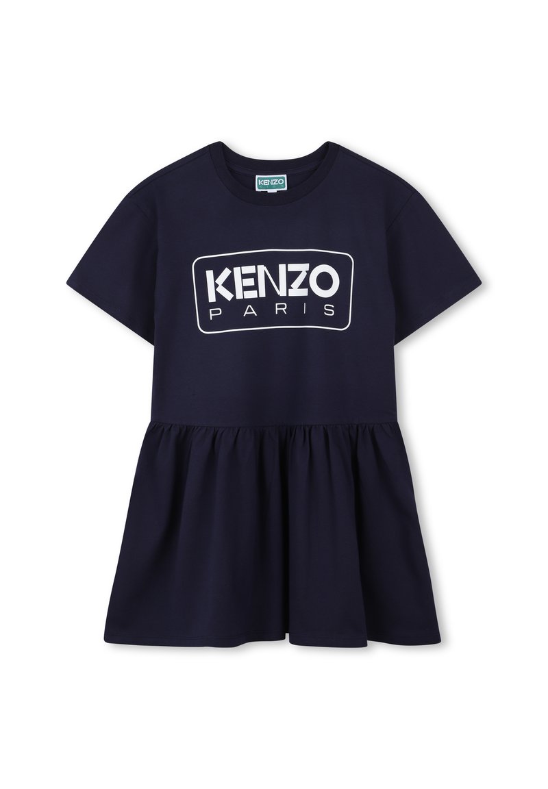 Robe t-shirt bleu marine à manches courtes et jupe évasée. Présente le logo blanc "KENZO PARIS" sur le devant, fabriquée en coton doux.
