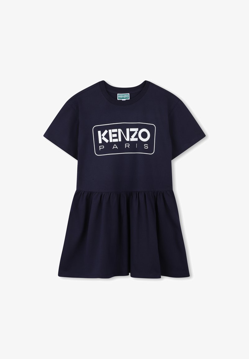 Robe t-shirt bleu marine à manches courtes et jupe évasée. Présente le logo blanc "KENZO PARIS" sur le devant, fabriquée en coton doux.