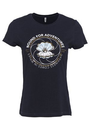 Navy blue T-shirt with a pearl shell graphic surrounded by text: "Bound for adventures, happiness comes in waves."