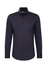 Camicia blu scuro a maniche lunghe con design aderente. Tessuto liscio, apertura con bottoni e colletto classico. Presenta una leggera lucentezza e un orlo arrotondato.