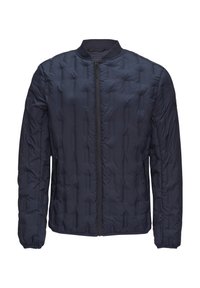 Veste matelassée bleu marine avec fermeture éclair à l'avant, col rond et poignets côtelés. Tissu doux et texturé avec des coutures horizontales et des poches latérales.