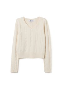 Cremfarbener, Kabelstrickpullover mit V-Ausschnitt, langen Ärmeln und geripptem Saum. Hat ein strukturiertes Muster und besteht aus weichem Material.