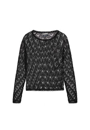 Pull en dentelle noire à manches longues, présentant un motif en losanges et un ourlet festonné. Encolure côtelée et tissu léger texturé.