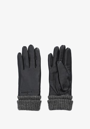 Czarne skórzane rękawice z ribbowanymi szarymi mankietami, o gładkiej fakturze i pięciopalcowej konstrukcji; widoczne logo marki na mankiecie.