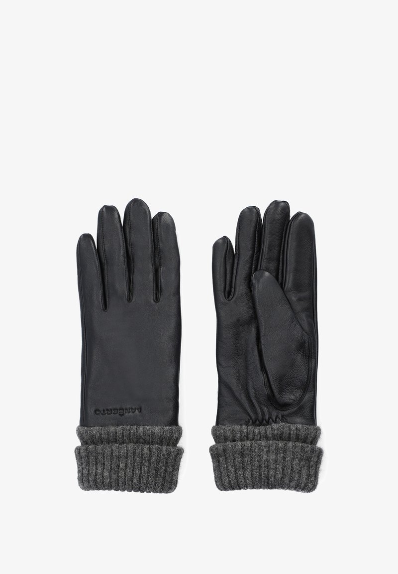 Czarne skórzane rękawice z ribbowanymi szarymi mankietami, o gładkiej fakturze i pięciopalcowej konstrukcji; widoczne logo marki na mankiecie.