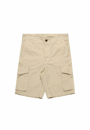 Pantaloni cargo beige realizzati in cotone, dotati di due ampie tasche laterali, chiusura con bottone e dettagli cuciti sulla vita e sull'orlo.