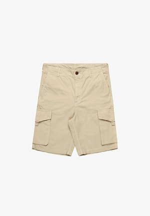 Pantaloni cargo beige realizzati in cotone, dotati di due ampie tasche laterali, chiusura con bottone e dettagli cuciti sulla vita e sull'orlo.