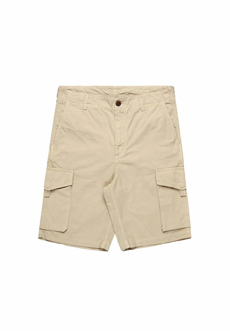 Pantaloni cargo beige realizzati in cotone, dotati di due ampie tasche laterali, chiusura con bottone e dettagli cuciti sulla vita e sull'orlo.