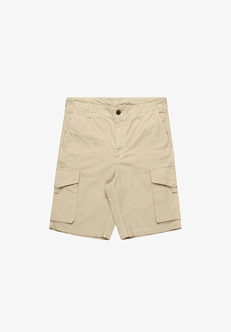 Pantaloni cargo beige realizzati in cotone, dotati di due ampie tasche laterali, chiusura con bottone e dettagli cuciti sulla vita e sull'orlo.
