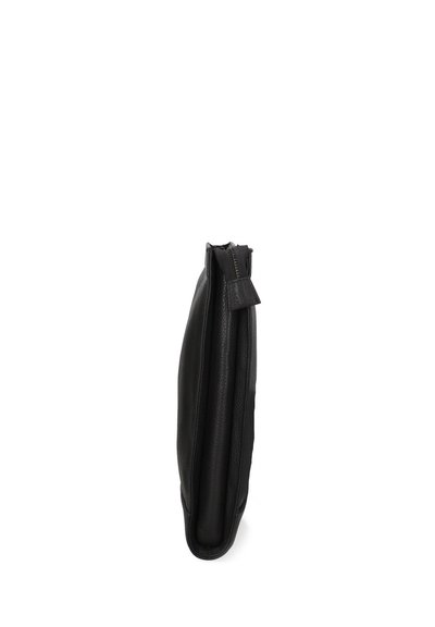 Black leather clutch with a slim profile, featuring a top zipper closure and a textured surface for grip. No visible hardware.