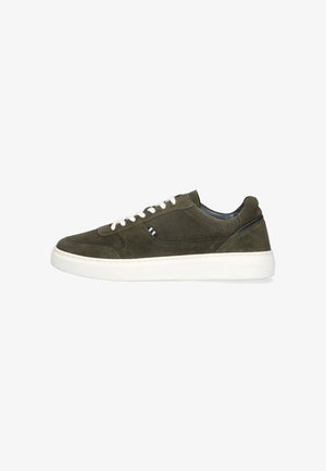 Olive green suede sneaker with white rubber sole, contrasting navy accents, and classic lace-up design. Features subtle side stitching details.