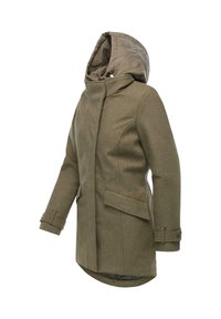 Green wool blend coat with a quilted beige hood, featuring a zip front, two side pockets, and adjustable cuffs. Smooth texture.