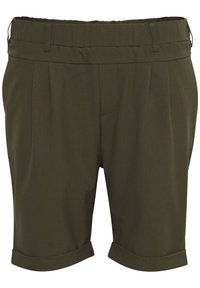 Pantaloni corti verde oliva con orlo piegato, dotati di frontale piatto con pieghe e cintura. Realizzati in tessuto morbido per garantire comfort.