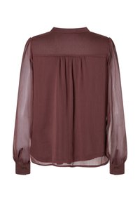 Bordeauxfarbige Bluse mit durchsichtigen langen Ärmeln, geknöpften Manschetten und gerafftem Rücken. Glattes Material, kragenloses Design und taillierte Passform.