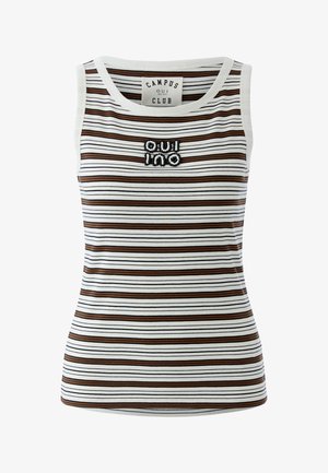 Mouwloos geribd tanktop met witte, bruine en zwarte horizontale strepen en "OUI IMO" geborduurd op de borst.