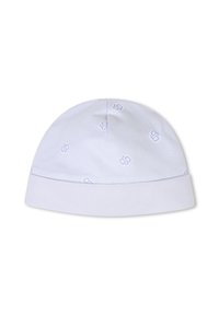 Light blue knitted cap with a textured design, featuring a white folded brim and repeating small logo patterns throughout.