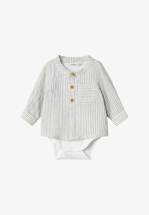 Body a maniche lunghe bianco con righe verticali grigie, dotato di colletto arrotondato, bottoni in legno e taschino sul petto. Materiale in misto cotone.