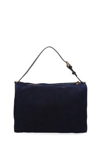 Sac en suede bleu marine avec une texture lisse, fermeture éclair sur le dessus et une poignée en cuir noir fixée avec des accents en or.