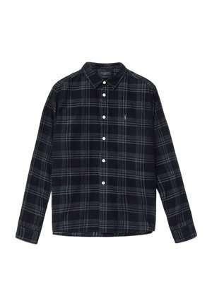 Schwarzes Flanellhemd mit weißem Karomuster, langen Ärmeln, Button-Down-Kragen, durchgehender Knopfleiste und kleinem, gesticktem Logo auf der Brust.