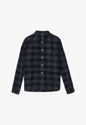 Zwart flanellen overhemd met witte ruitjes, lange mouwen, boord met knoopjes, voorsluiting en klein geborduurd logo op de borst.