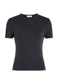 T-shirt nero grigio scuro a coste con maniche corte, scollatura rotonda, caratterizzato da una piccola etichetta nera con il logo CK centrata sulla parte anteriore.