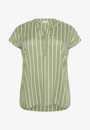 Zelená blúzka s krátkym rukávom a bielymi vertikálnymi pruhmi, golierovým výstrihom, tromi gombíkmi a mierne zakriveným lemom. Mäkká tkanina.