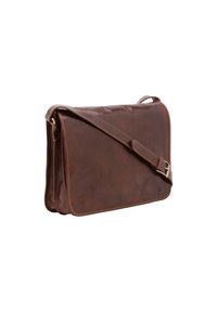 Borsa a tracolla in pelle marrone con superficie liscia, tracolla regolabile e hardware in tonalità dorata. Presenta una forma rettangolare elegante e dettagli cuciti.