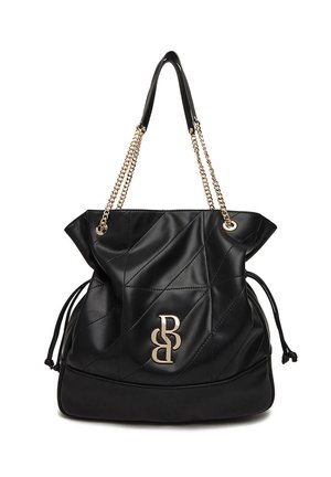 Borsa a tracolla in pelle nera trapuntata con cinghie a catena dorata, lati con coulisse e logo BB dorato sul davanti.