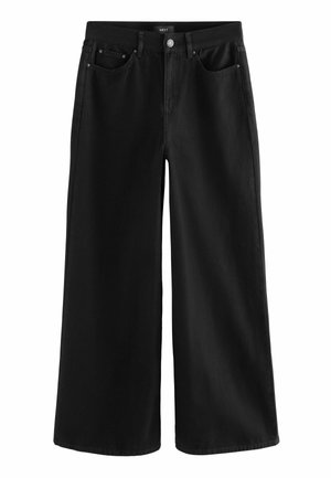 Schwarze weite Jeans aus Denim. Mit klassischem Fünf-Taschen-Design, Metallknopfverschluss und dezenten Nähdetails.