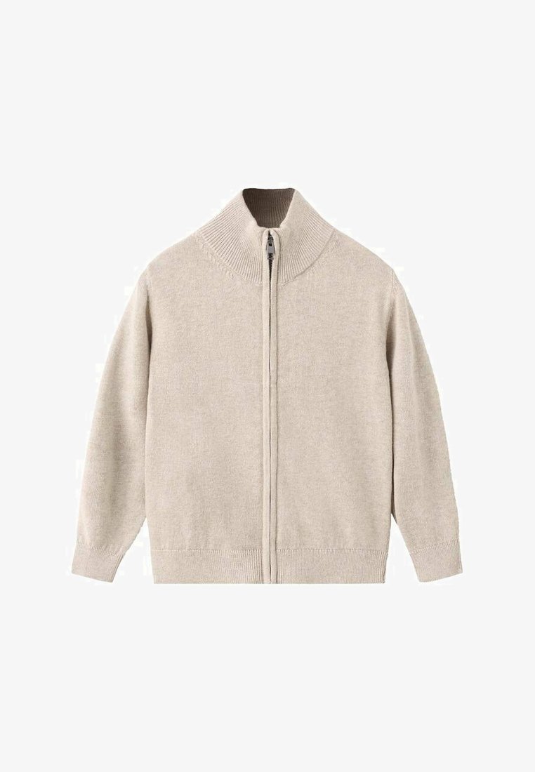 Pull beige à fermeture éclair avec col montant, poignets et ourlet côtelés. Confectionné dans un tissu doux à la texture lisse et au design minimaliste.