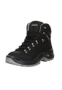 Botte de randonnée noire avec œillets métalliques, semelle grise, tige texturée et lacets bleus. Caractéristiques : col rembourré et logo de la marque sur la languette.