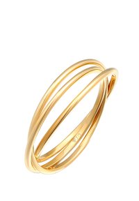 Guldtonet ring med tre sammenflettede bånd med en glat finish. Hvert bånd har en rundet, poleret kant og en subtil glans.
