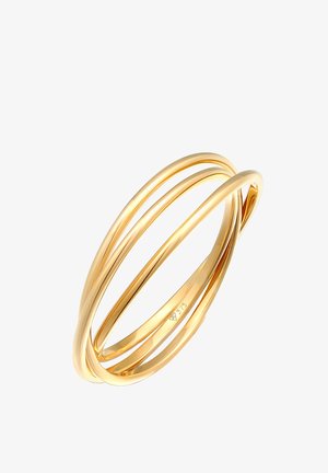 Goldfarbener Ring mit drei miteinander verflochtenen Bändern und einer glatten Oberfläche. Jedes Band hat eine abgerundete, polierte Kante und einen dezenten Glanz.
